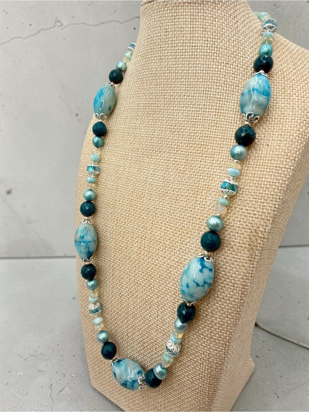 Artisan Murano Style Glass Larimar Apatite Opal Pearl Necklace 22” Ocean Blue - Picture 4 of 17